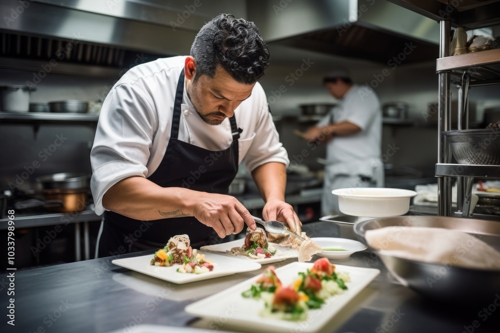 A Latino chef in a culinary workshop preparing a signature dish expertise cooking kitchen. A Latino chef in a culinary workshop preparing a signature dish expertise cooking kitchen.