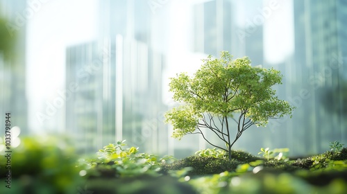 Tiny urban forest thriving near tall glass buildings, closeup of trees and foliage, white background