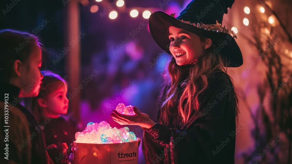 Fototapeta premium Young Witch Showing Glowing Crystals to Children at Halloween