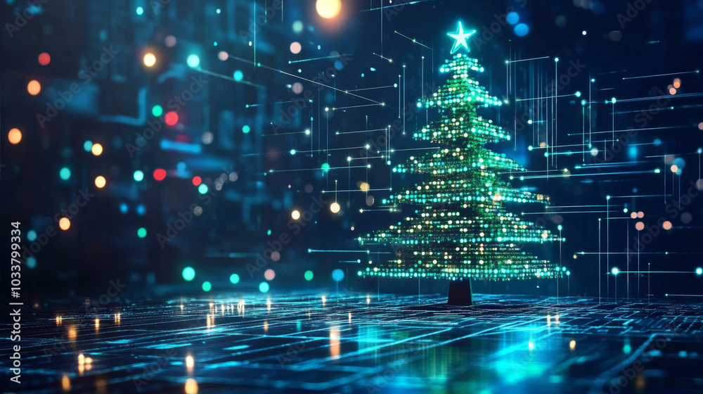 Fototapeta premium A Christmas tree designed in an electronic technology style, perfect for a New Year or Merry Christmas congratulations card. The tree could be formed from glowing circuit lines, digital nodes, and neo