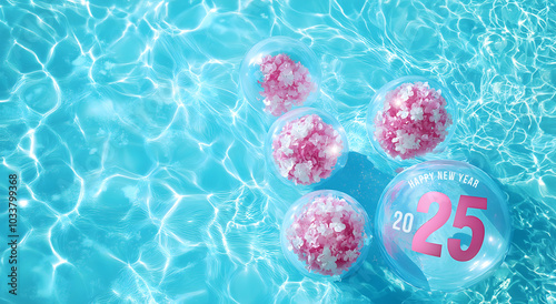 Happy New Year 2025 written on a transparent  balloon with others balloons decorated with pretty floral patterns on a blue swimming pool water. Copy text.