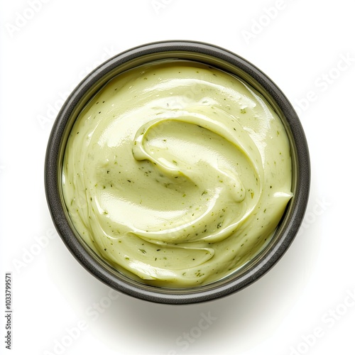 top lay view of Bowl with wasabi sauce cream isolated on white background