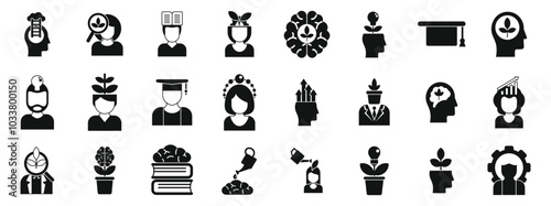 Mindset growth icons set. This set of icons shows people developing their growth mindset, embracing challenges, and achieving their full potential