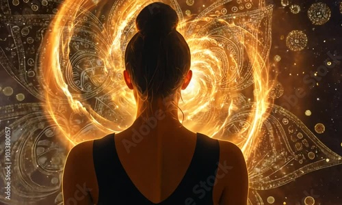 A woman meditates in a golden vortex that turns into a mandala.
