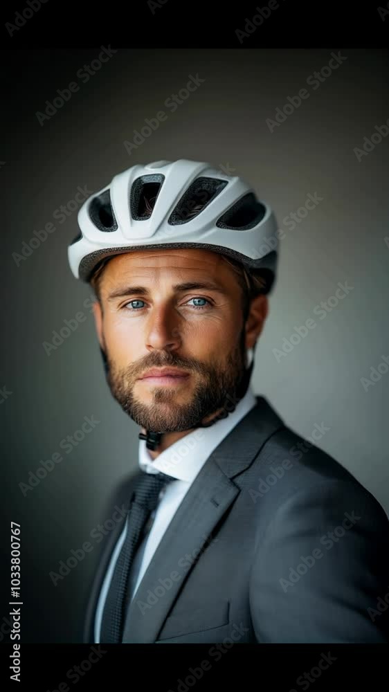 A man wearing a helmet and a suit. The helmet is white and has a black strap A man wearing a helmet and a suit. The helmet is white and has a black strap