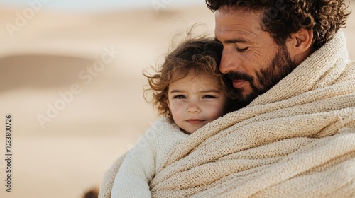 Within an expansive desert, a close-up captures a parent and child wrapped in a blanket, highlighting themes of warmth, protection, and familial love against stunning dunes. photo