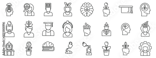 Mindset growth icons set. Set of icons representing the concept of growth mindset, featuring people cultivating their potential
