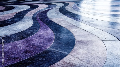 A visually striking curved tiled floor pattern features rich purple and blue hues, evoking a sense of fluidity and artistic expression, blending style and sophistication. photo