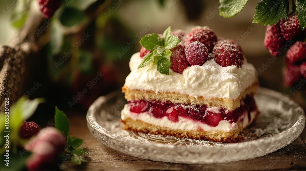 A tempting slice of cake layered with rich cream and topped with fresh fruits, inviting an appetite for sweetness and a moment of indulgent pleasure. A tempting slice of cake layered with rich cream and topped with fresh fruits, inviting an appetite for sweetness and a moment of indulgent pleasure.
