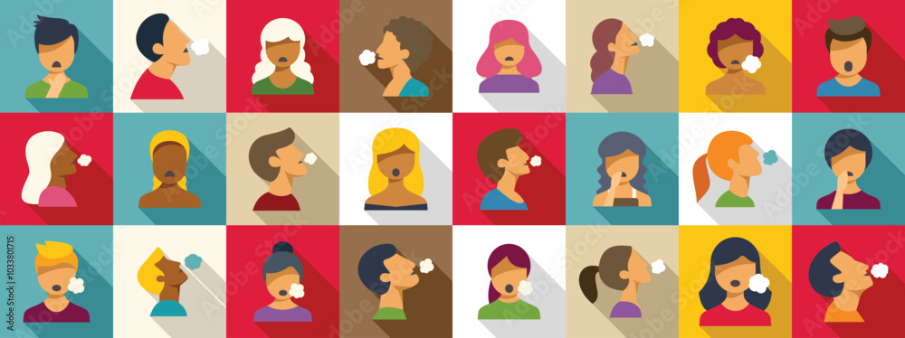 Deep breath icons set. Set of square avatars of men and women smoking cigarettes, in flat design style Deep breath icons set. Set of square avatars of men and women smoking cigarettes, in flat design style