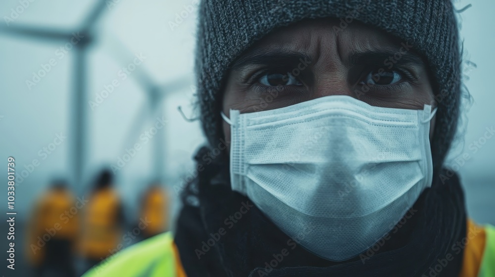 A person wearing a mask and winter gear is prominently in focus against the backdrop of wind turbines. The image portrays determination against harsh elements strikingly.