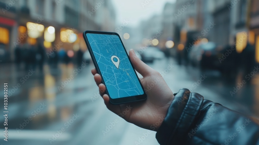 A hand grips a phone showing a map with a location pin, as rain-soaked streets reflect city lights in the background. Generative AI A hand grips a phone showing a map with a location pin, as rain-soaked streets reflect city lights in the background. Generative AI