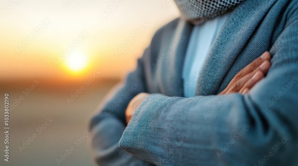 Close-up of a man's arm crossed in a suit with an out-of-focus background of dawn, symbolizing professionalism and a focused approach to new beginnings. Close-up of a man's arm crossed in a suit with an out-of-focus background of dawn, symbolizing professionalism and a focused approach to new beginnings.