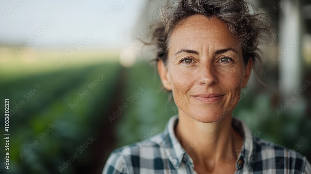 A close shot of a woman in a checked shirt with a gentle smile stands relaxed in an outdoor agricultural setting, reflecting simplicity and connection to nature.