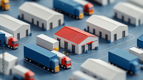 Warehouse logistic center, transportation vehicles, route optimization tech, 3D illustration photo