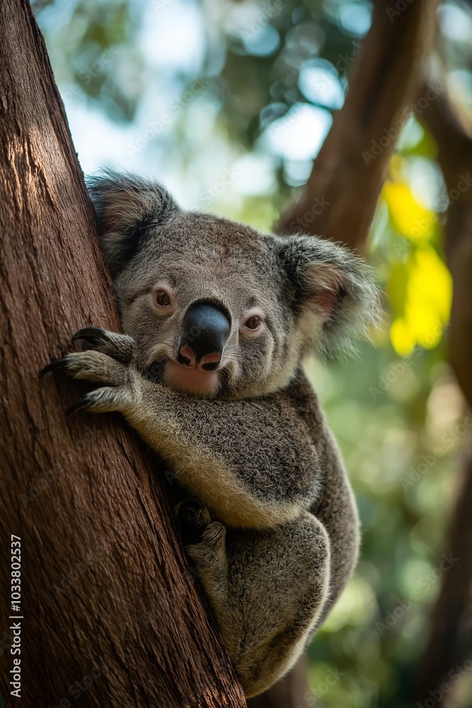 Obraz premium A cute koala bear is seen holding on tightly to a tree trunk.
