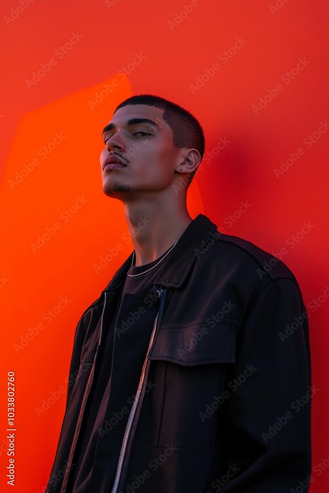 An individual stands confidently against a bold red backdrop. An individual stands confidently against a bold red backdrop.