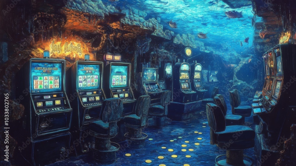 Naklejka premium Underwater shipwreck casino with ghostly pirate croupiers bioluminescent chips