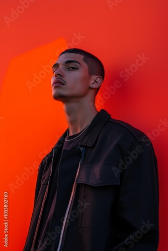 An individual stands confidently against a bold red backdrop.