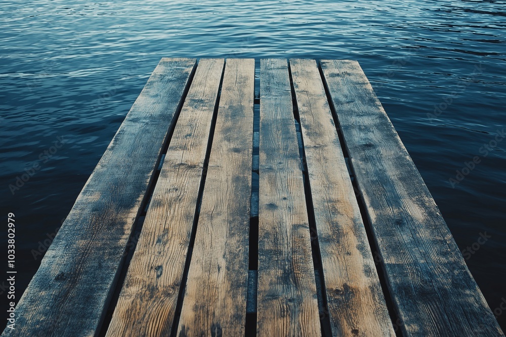 A rustic wooden pier extends into calm, deep blue water, suggesting peace and contemplation amidst nature. A rustic wooden pier extends into calm, deep blue water, suggesting peace and contemplation amidst nature.