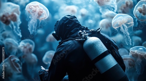 An explorer diver deeply immersed in ocean depths, surrounded by a mesmerizing display of jellyfish, showcasing the wonders and mysteries of underwater exploration. photo