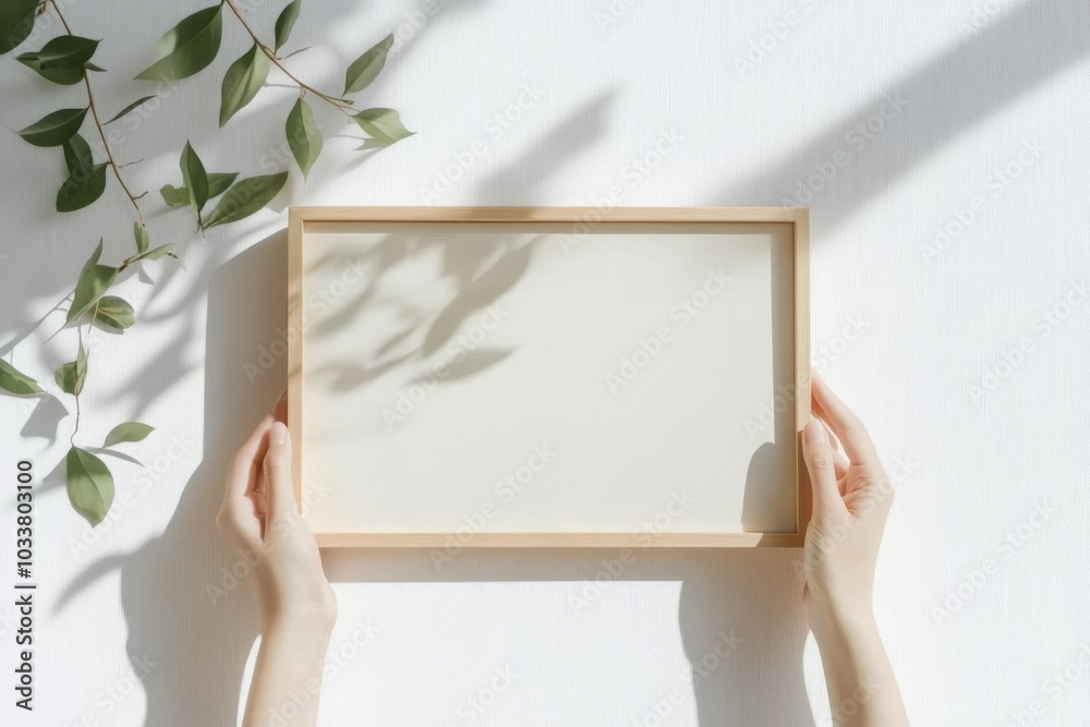 Hands holding wooden frame on white wall with green leaves, minimalist aesthetic. Hands holding wooden frame on white wall with green leaves, minimalist aesthetic.