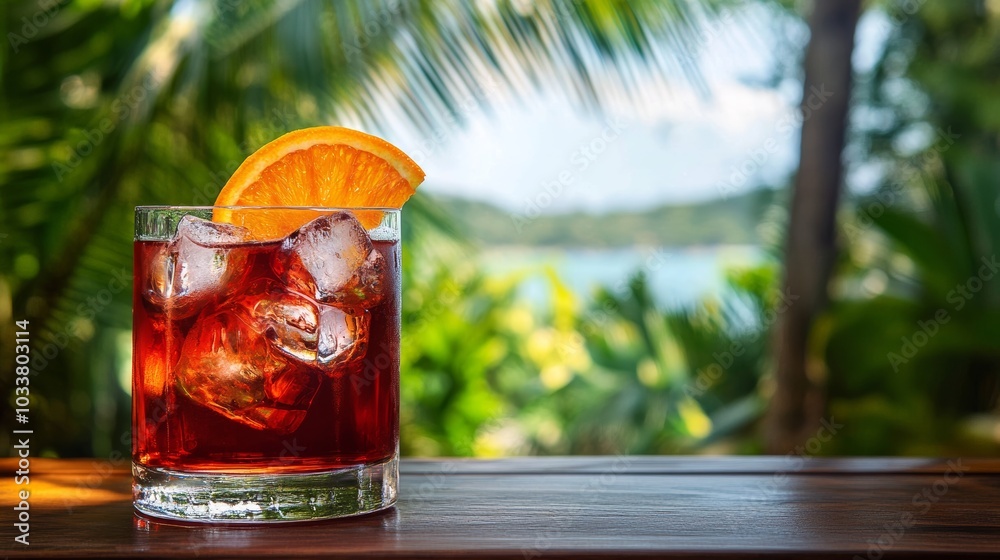 Refreshing negroni cocktail is standing on a table with a tropical background. The perfect drink to enjoy on a hot summer day