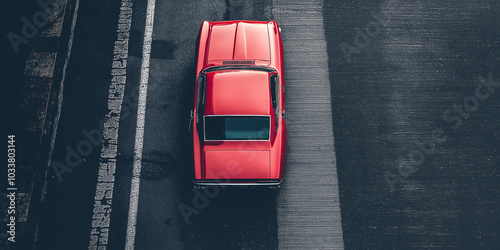 A classic red car viewed from above on a striped idyllic road.