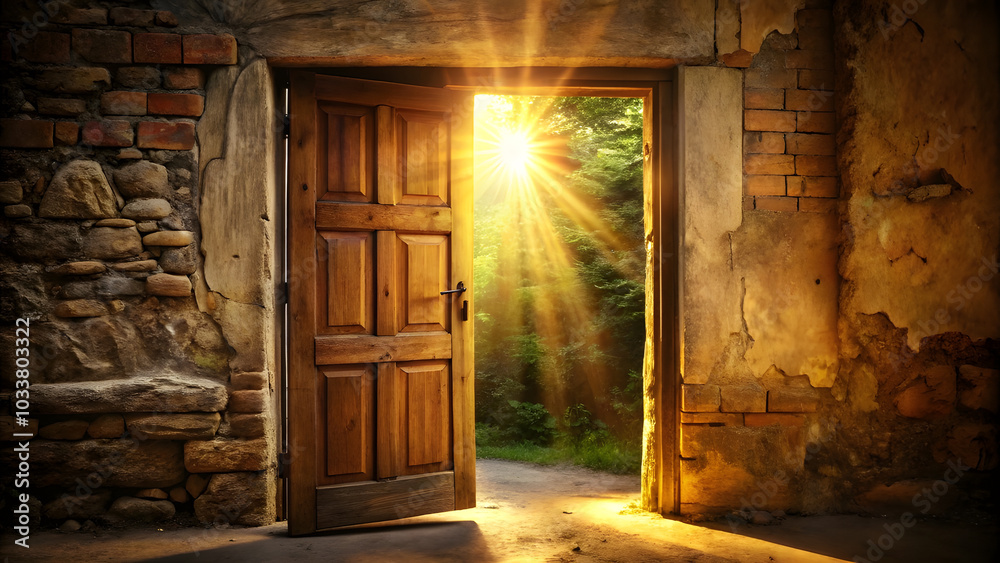 Rustic Door Ajar with Bright Light for New Year Opportunities. Perfect for: New Year's Eve, Personal Growth Events, Inspirational Gatherings Rustic Door Ajar with Bright Light for New Year Opportunities. Perfect for: New Year's Eve, Personal Growth Events, Inspirational Gatherings
