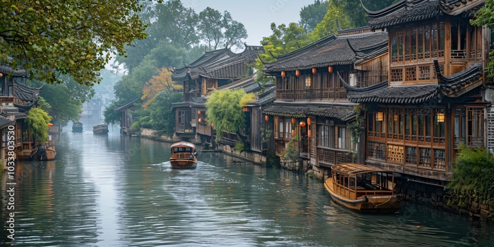 Fototapeta premium Beautiful traditional Jiangnan landscape illustration featuring Suzhou under misty rain, reflecting ancient Chinese culture and serene water town vibes. A picturesque scene of bridges, canals, and cla