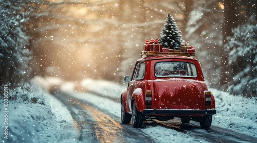 Festive red car drives through a snowy forest road with a christmas tree and gifts on its roof as the sun sets in the background photo