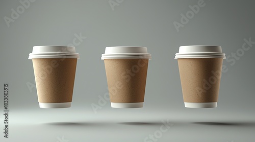 Three floating coffee cups in a minimalist design, showcasing a modern aesthetic perfect for cafe and beverage themes.