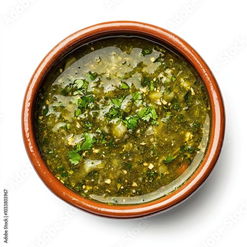 Top view of a ceramic bowl with salsa verde isolated on white background