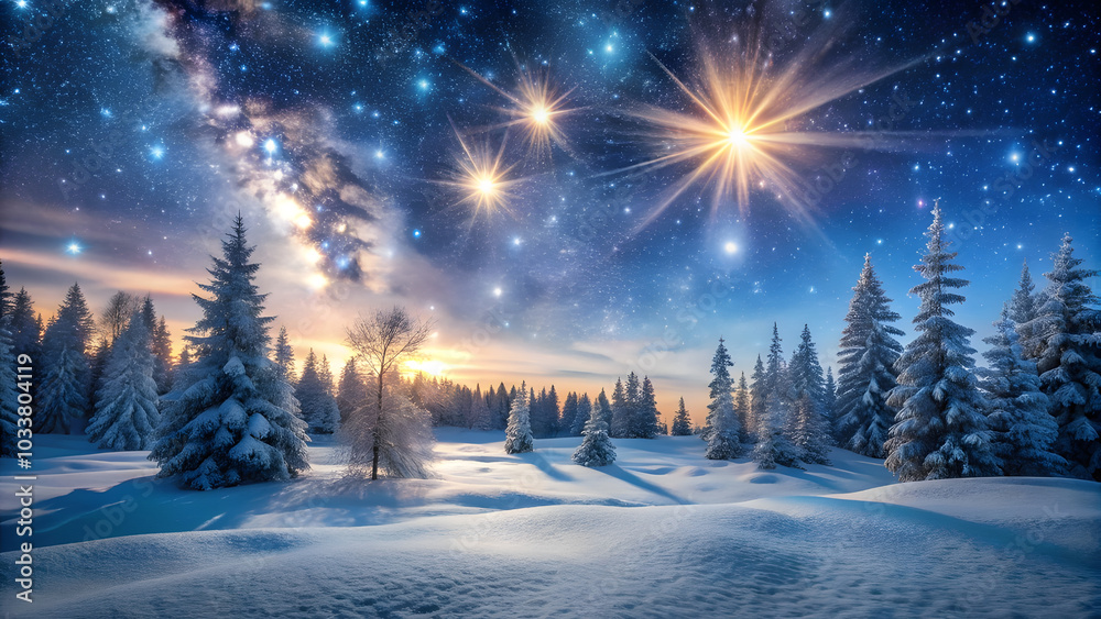 Serene Winter Landscape with Glittering Snow and Twinkling Stars for Magical Atmosphere. Perfect for: New Year's Eve, Christmas, Winter Festivals Serene Winter Landscape with Glittering Snow and Twinkling Stars for Magical Atmosphere. Perfect for: New Year's Eve, Christmas, Winter Festivals