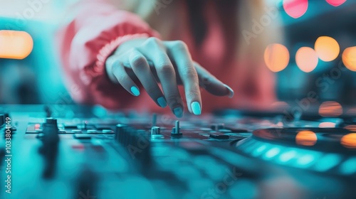 A DJ's hand gracefully adjusts the controls on modern DJ equipment, capturing the focus and creativity involved in creating dynamic and immersive sound experiences.