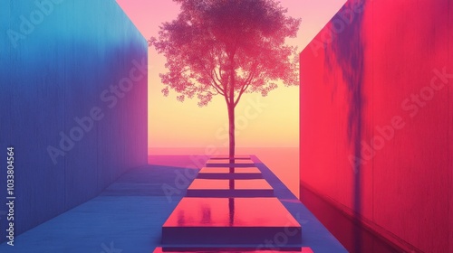 A solitary tree stands majestically between vibrant walls at sunset, casting reflections and shadows in a surreal atmosphere