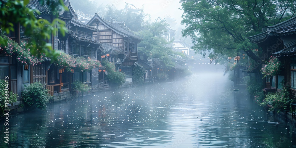 Beautiful traditional Jiangnan landscape illustration featuring Suzhou under misty rain, reflecting ancient Chinese culture and serene water town vibes. A picturesque scene of bridges, canals, and cla Beautiful traditional Jiangnan landscape illustration featuring Suzhou under misty rain, reflecting ancient Chinese culture and serene water town vibes. A picturesque scene of bridges, canals, and cla