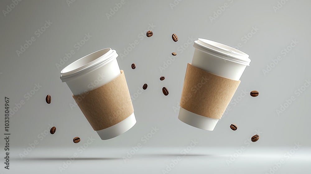 Two floating coffee cups surrounded by coffee beans, perfect for illustrations about beverages and modern cafe culture. Two floating coffee cups surrounded by coffee beans, perfect for illustrations about beverages and modern cafe culture.