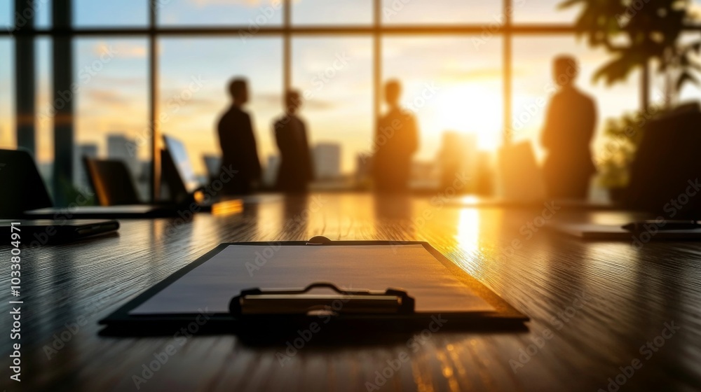 Professional conference room with people standing by window at sunset, featuring wooden table with clipboard and papers.
