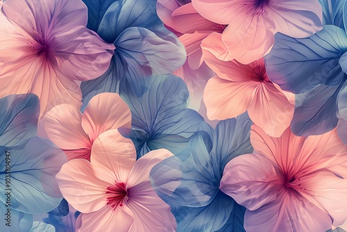 A close up of a bunch of pink and blue flowers