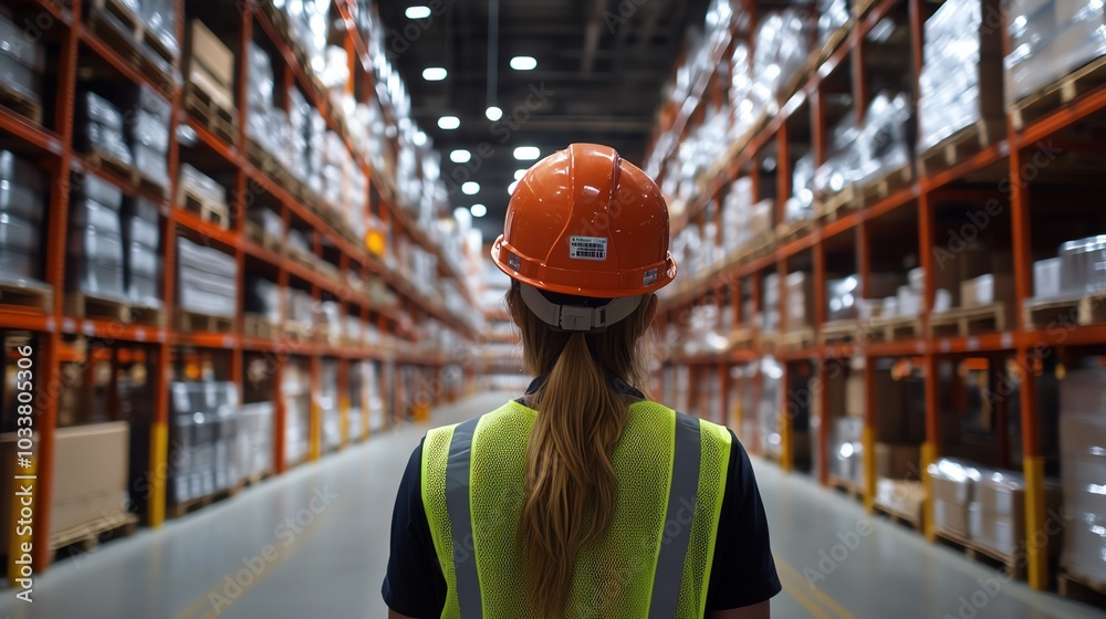A worker in a hard hat and safety vest walks down a warehouse aisle. A worker in a hard hat and safety vest walks down a warehouse aisle.