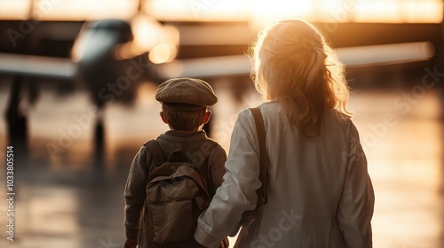 A heartwarming moment as a woman and child, dressed in retro style, observe an airplane inside a sunlit hangar, reflecting themes of adventure and familial love. photo