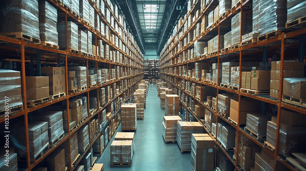 © AnotharS - A vast warehouse with high shelves stacked with boxes.  The aisles are empty and the lighting is bright.  A sense of order and efficiency.