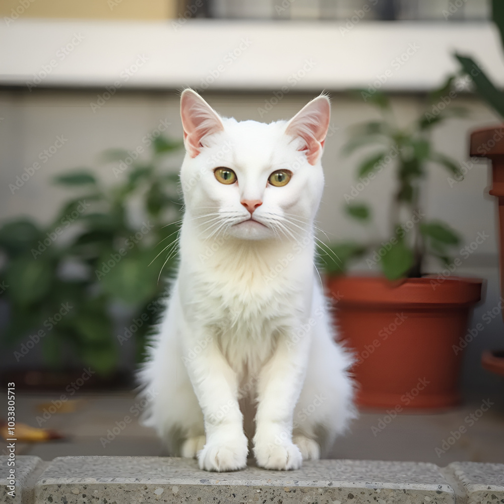 White mixed-breed cat facing at the camera White mixed-breed cat facing at the camera