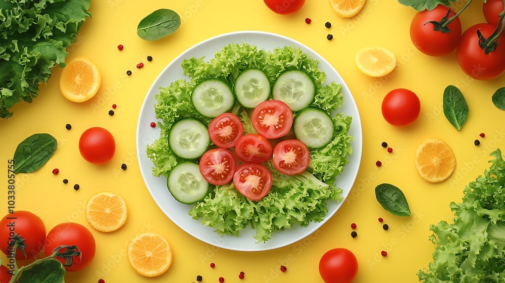 Vibrant salad arranged with fresh lettuce, juicy tomatoes, and crisp cucumbers on a bright yellow background for a colorful meal. Vibrant salad arranged with fresh lettuce, juicy tomatoes, and crisp cucumbers on a bright yellow background for a colorful meal.