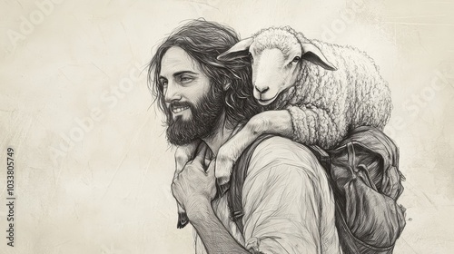 The Good Shepherd Jesus Carries a Lost Sheep on His Shoulders His Expression Relieved and Joyful as He Brings It Back to the Safety of the Flock Symbolizing Faith Compassion and in Christianity photo