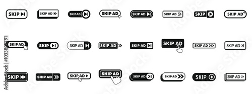 Skip ad icons set. Different skip ad buttons allowing users to bypass promotional content