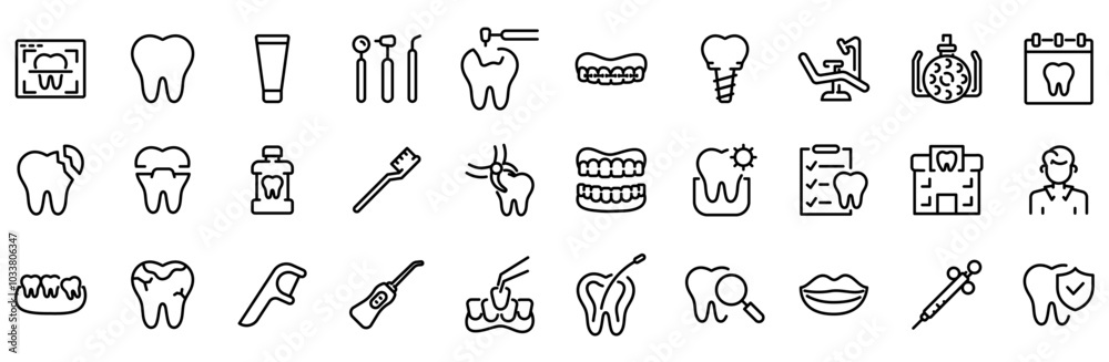 Set of 30 outline icons related to dental. Linear icon collection ...