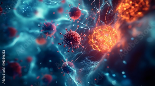 Close-up of a microscope slide with an infected vein, plasma cells, and viruses, illuminated by bright, soft lighting, hyper-realistic style emphasizing the complexity and interaction of viral