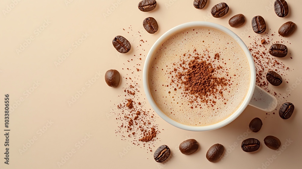 A cozy coffee cup topped with cocoa powder, surrounded by coffee beans, perfect for a warm beverage concept. A cozy coffee cup topped with cocoa powder, surrounded by coffee beans, perfect for a warm beverage concept.